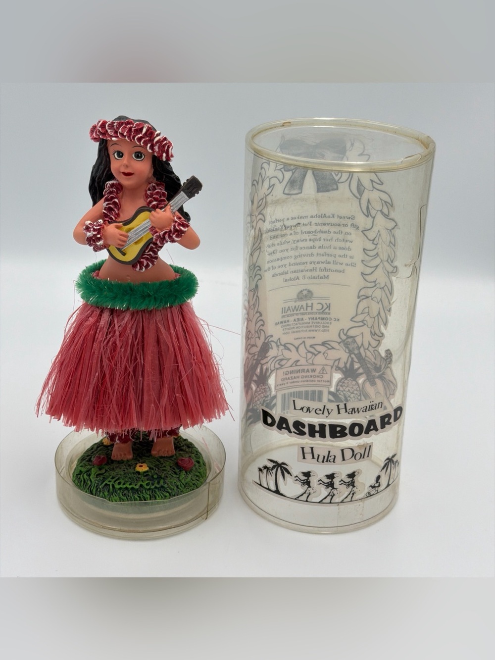 Vintage Dashboard Hula Girl with Ukulele Green Pink Skirt 6.5 Inches Tall